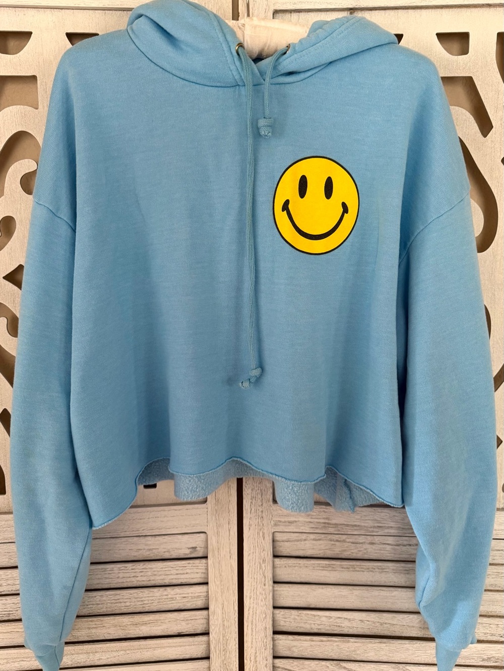 Aviator Nation Light Blue Cropped Hoodie with Yellow Smiley Size M - Picture 2 of 3